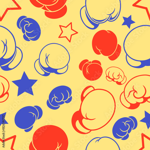 Seamless background pattern featuring boxing gloves, boxing glove mascot, line art, and star decoration