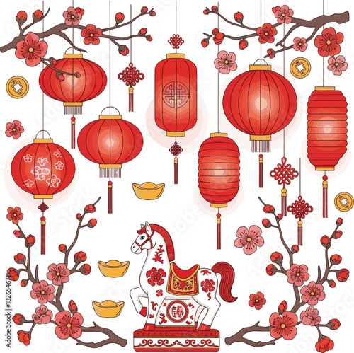 Create a Red decorative scene with lanterns, plum blossoms, and horse figurine for festive decor vector art with white background..
