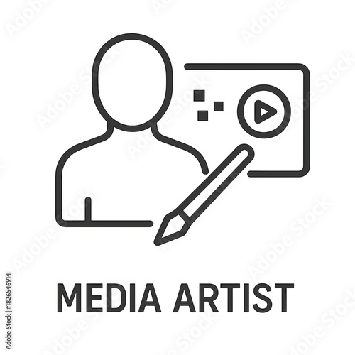 Black and white media artist icon with faceless person, stylus pen, and multimedia elements, symbolizing digital content creation
