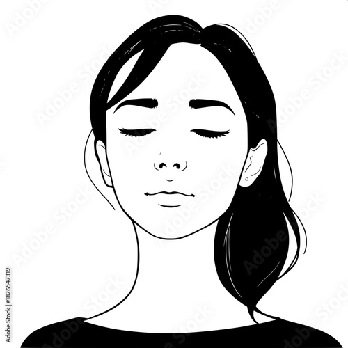 Minimalist graphic portrait of a youthful woman with delicate facial features, smooth skin, and a serene expression, captured in a still, contemplative moment, her eyes cast downward in quiet reflecti