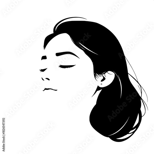 Minimalist graphic portrait of a youthful woman with delicate facial features, smooth skin, and a serene expression, captured in a still, contemplative moment, her eyes cast downward in quiet reflecti