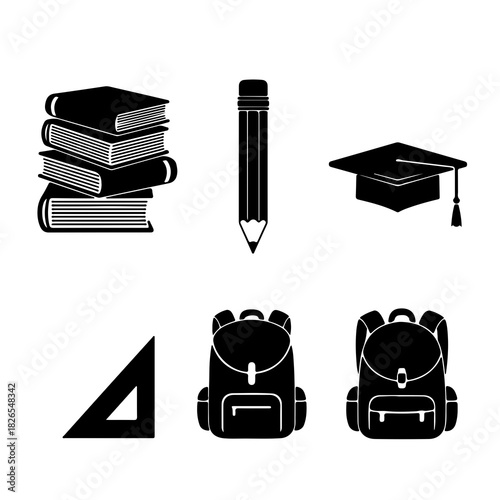 Collection of black school supplies icons including books pencil graduation cap ruler and backpacks on a white background