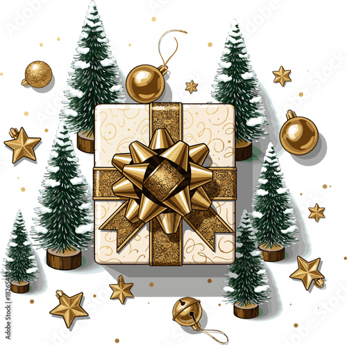 Create ,stylish ,Christmas, scene ,featuring ,gold ,ribbon ,wrapped ,gift, tiny ,frosted ,trees,ornaments ,against ,rich ,conveying ,festive, warmth , New ,Year ,anticipation, vector art.
