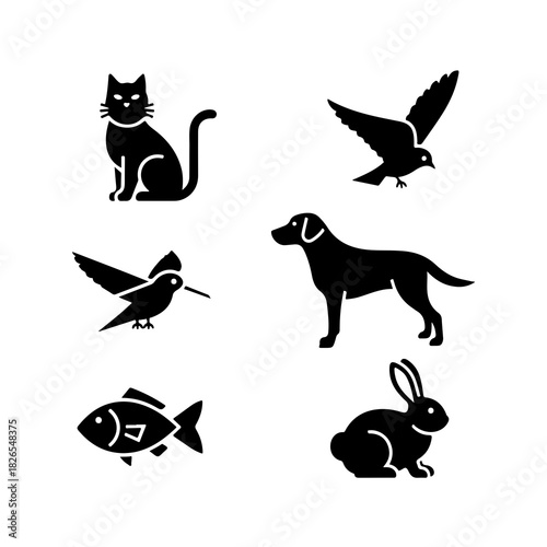 Collection of six distinct black animal silhouettes including a cat dog rabbit fish and two types of birds