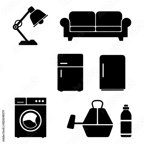 Collection of black silhouette icons representing household appliances furniture and cleaning supplies on white background