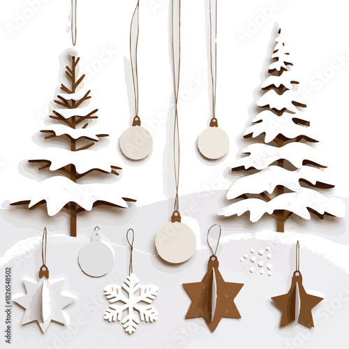 Create a stylish Decorative side view setup with mini snow-covered Christmas trees and paper ornaments in a Scandinavian minimalist style, placed against a neutral vector art with white background.