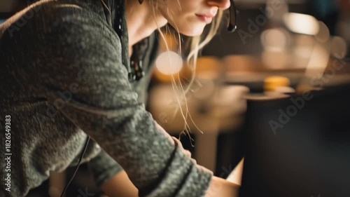 Wallpaper Mural Productive working woman Picture a woman wearing noise-canceling headphones and completely absorbed in her task at a standing desk, surrounded by technology, emphasizing focused efficiency and high ou Torontodigital.ca