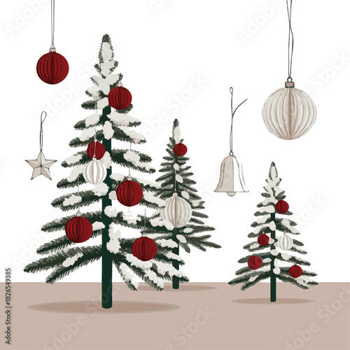 Create a stylish Decorative side view setup with mini snow-covered Christmas trees and paper ornaments in a Scandinavian minimalist style, placed against a neutral vector art with white background.