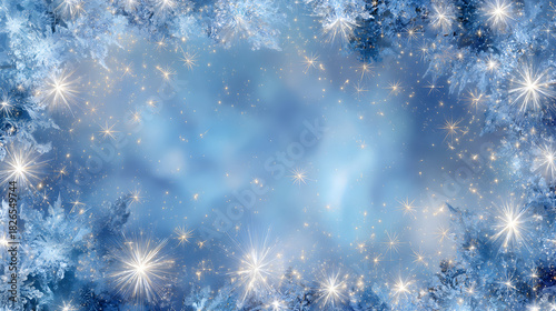 Elegant blue frost frame with shimmering starbursts around cool empty middle 