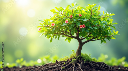 Young Tree With Exposed Roots And Green Leaves In Sunlight.