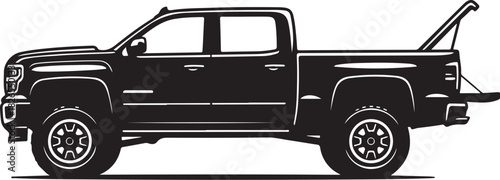 Black silhouette of a pickup truck with an open tailgate and tow hitch