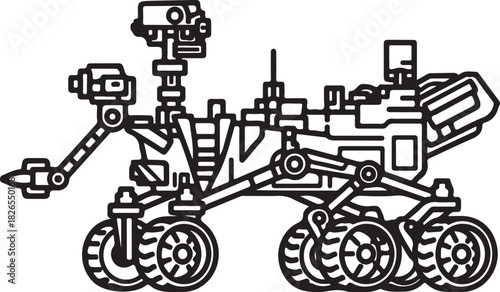 Line art illustration of a mars rover on white background, scientific robot