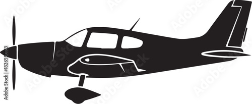 Single engine propeller aircraft silhouette, isolated on white background