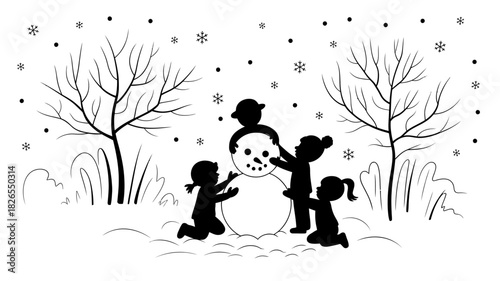 Children building snowman in snowfall, playful winter holiday scene vector