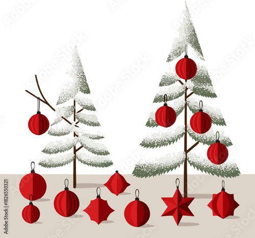 Create a stylish Decorative side view setup with mini snow-covered Christmas trees and paper ornaments in a Scandinavian minimalist style, placed against a neutral vector art with white background.