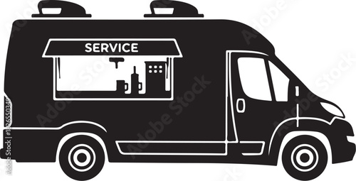Food truck service vehicle with serving window, isolated graphic