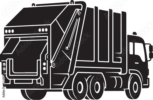 Garbage truck icon in black and white silhouette, clean vector art