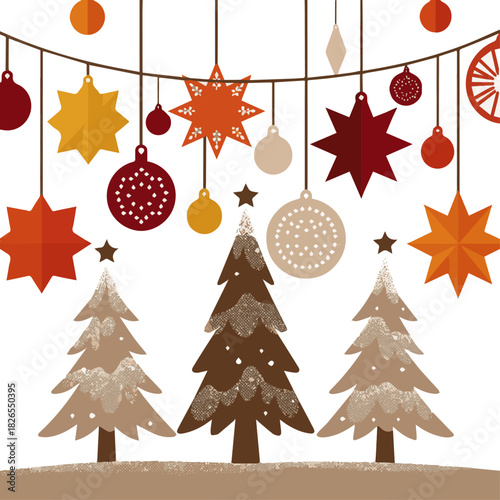 Create a stylish Decorative side view setup with mini snow-covered Christmas trees and paper ornaments in a Scandinavian minimalist style, placed against a neutral vector art with white background.