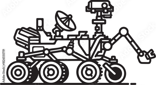 Illustration of a mars rover exploring the red planet with its robotic arm