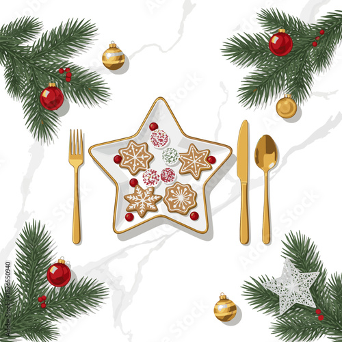 Create a stylish holiday still life featuring a star shaped plate, gold cutlery, pine, ornaments, and a marble surface. Perfect for Christmas and New Year celebrations, seasonal dining vector art.