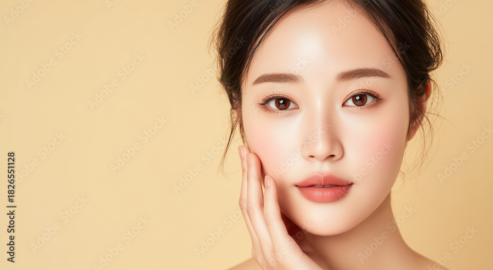 Fototapeta premium a young, beautiful Korean woman with clean, healthy skin touches her face against a beige background.