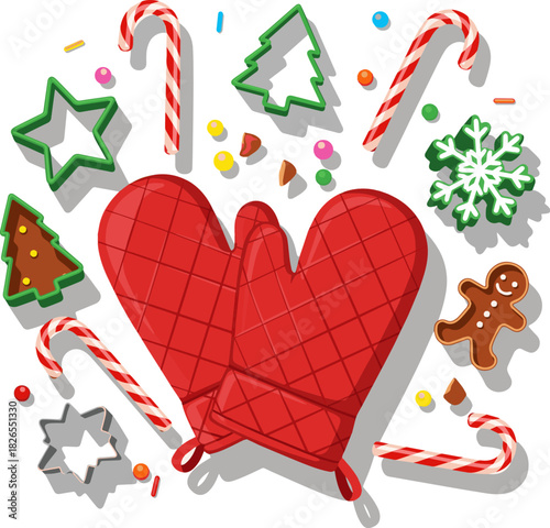  Create a Vibrant top view vertical Christmas and New Year baking scene with red mitts, cookie cutters, stars, and candy canes on a bright surface perfect for holiday greetings and seasonal vector art