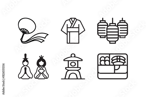 Traditional Japanese Cultural Line Art Icon Set