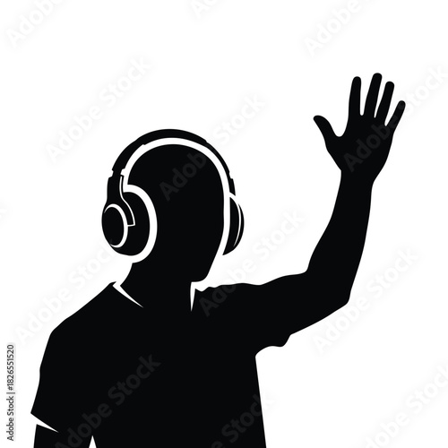 Vector illustration of silhouette of a person with headphones raising a hand
