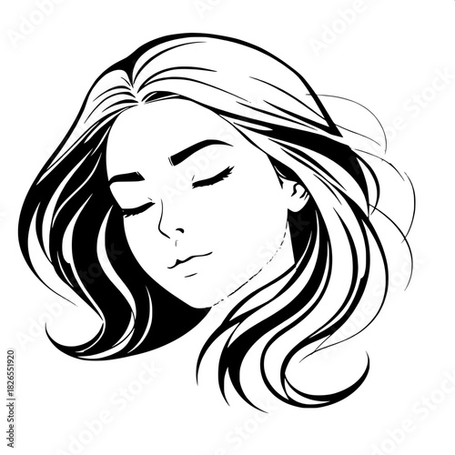 A stylized vector depiction of a serene young woman with softly defined facial features, delicate eyebrows, and full lips, her long fluid hair flowing effortlessly around her. Her skin has a smooth, s