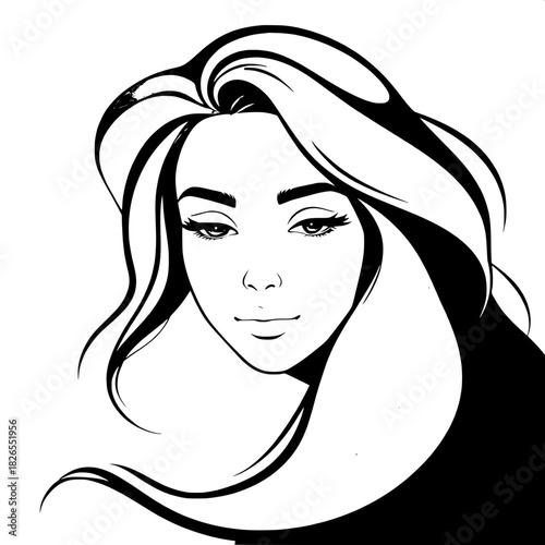 A stylized vector depiction of a serene young woman with softly defined facial features, delicate eyebrows, and full lips, her long fluid hair flowing effortlessly around her. Her skin has a smooth, s