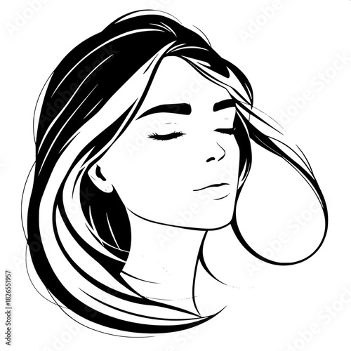A stylized vector depiction of a serene young woman with softly defined facial features, delicate eyebrows, and full lips, her long fluid hair flowing effortlessly around her. Her skin has a smooth, s
