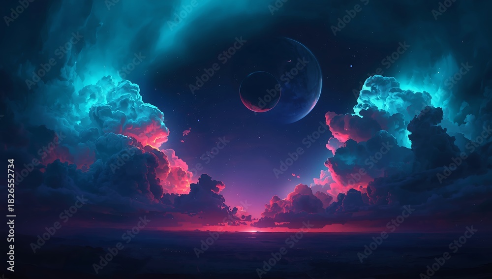 Fototapeta premium Nebula space wallpaper background with planets and colorful clouds hd aesthetic art