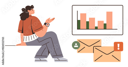 Woman sitting and gesturing near bar chart, analyzing performance trends and data insights. Nearby, email notifications and alerts reflect communication flow. Ideal for statistics, email, business