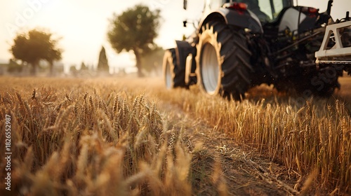 Agricultural tractor spraying field with fertilizer or pesticide, modern farming technology for crop protection, agriculture and rural industry concept