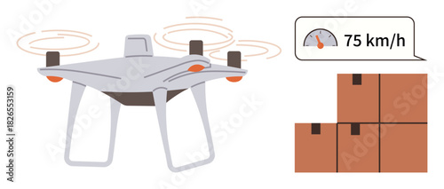 Flying quadcopter carrying out delivery with speed indicator and stack of boxes for logistics. Ideal for delivery, shipping, speed, innovation, automation, e-commerce, technology. Simple flat