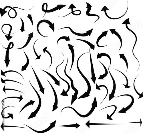 Various black pointer collection showcases diverse directions, shapes, and artistic curves, transparent background