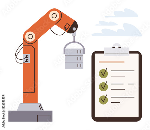 Robotic arm holding cylindrical object beside a clipboard with checklist and checkmarks, underlining efficiency, productivity, technology, task management, automation, manufacturing, simple flat