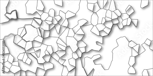 Abstract geometric pattern with irregular polygons and subtle drop shadows creating a layered 3D effect on a white background