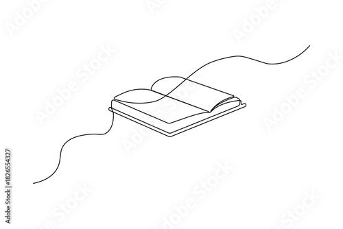 Single line art of a horizontal open textbook or magazine