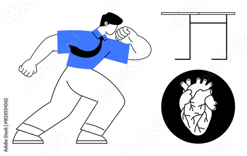 Determined man confidently flexing arm, anatomical heart detail symbolizing passion or resilience, and minimal table design. Ideal for work ethic, resilience, health, strength, determination