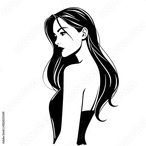 “Modern monochrome illustration of a young woman in three-quarter view, her hair cascading behind her. Crisp lines, light gray gradient background, and understated elegance highlight the vector aesthe