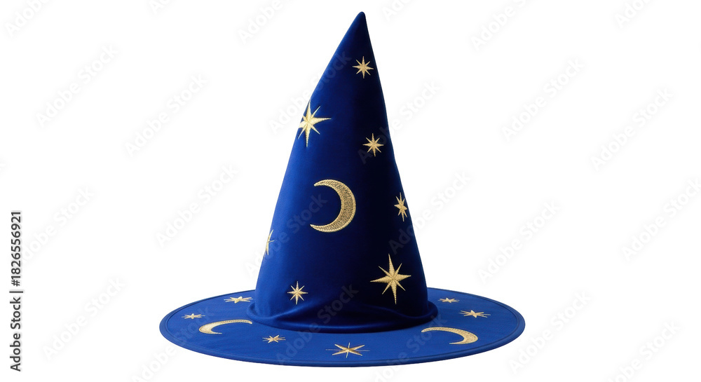 Fototapeta premium Isolated blue wizard hat with golden stars, for magic parties, games, and fantasy themes