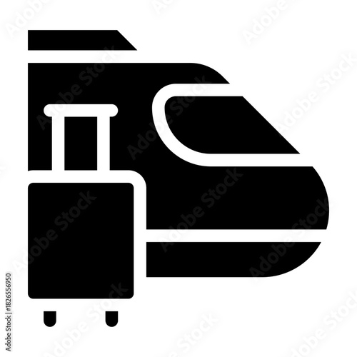 Bold glyph icon of a fast train with suitcase, filled travel transportation silhouette.