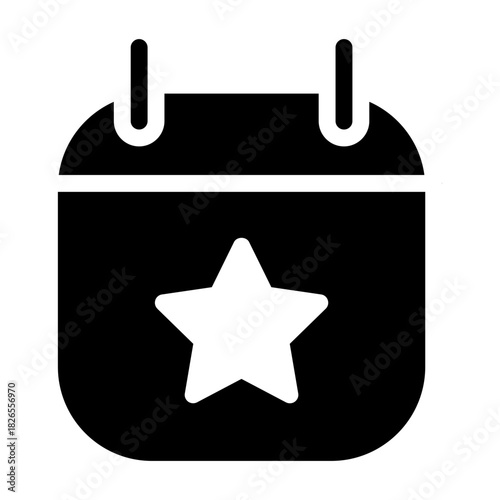 Bold glyph icon of a calendar with star badge, filled scheduling reminder symbol.