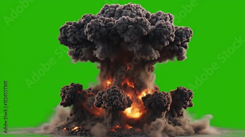 Nuclear explosion mushroom cloud on green screen for visual effects and simulation