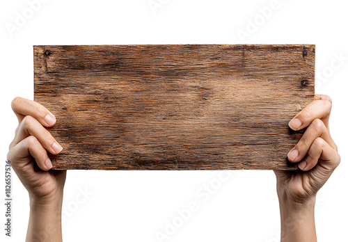 Human hands holding a blank wooden sign board with visible wood grain texture for creative messaging or advertising display