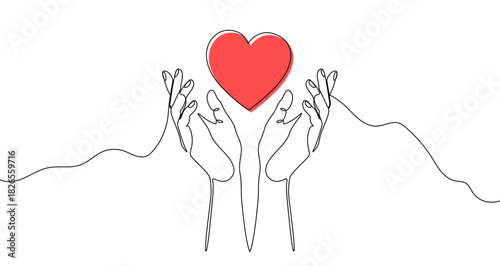 Continuous one line drawing of hands holding a red heart. Editable black stroke on a white background. Vector illustration.