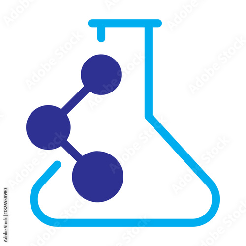 Blue color icon of a chemistry flask with molecular nodes, scientific pastel blend.