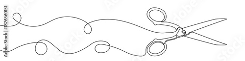 Scissors standing in an open position in continuous one line art style. Tool sketch with editable black stroke on white background. Vector illustration.