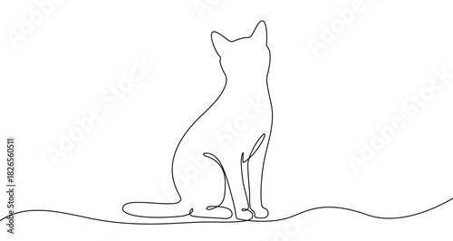 Sitting cat in continuous one line art style. Animal silhouette sketch with editable black stroke on white background. Vector illustration.